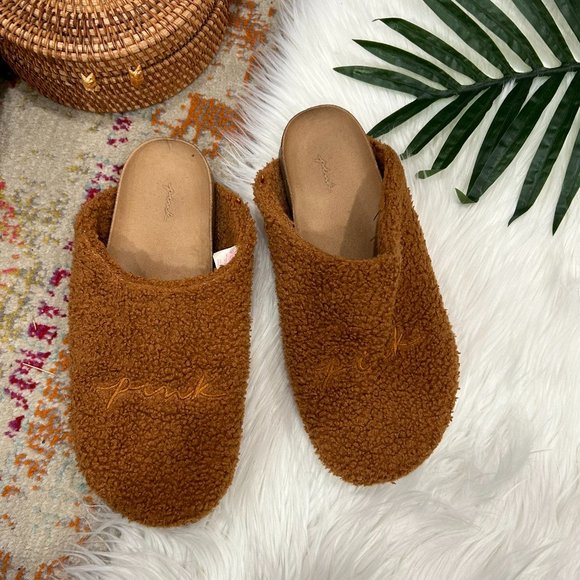 PINK Victoria's Secret Shoes - PINK Victoria's Secret Neutral Brown Sherpa Fleece Slip On Clogs Slippers 9 / 10